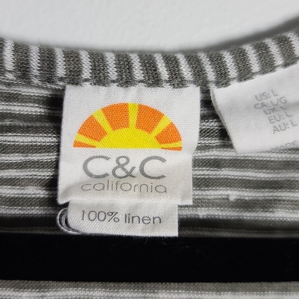 C & C CALIFORNIA Striped Gray and White 100% Linen Top Size Large - Picture 2 of 13